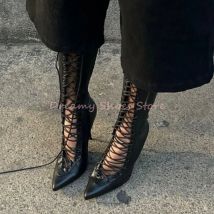Leder Hohl Cross Strap Stiletto Stiefeletten Frauen Mesh Seite Zipper Lace Up Kurze Stiefel Mode Sexy Spitzen Western Schuhe