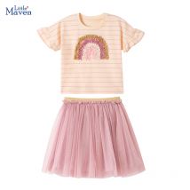 Little Maven Baby Mädchen Kinderkleidung Kinderkleidung 2025, Sommer-Baumwoll-Sets, Cartoon-Regenbogen-Blumen, T-Shirts, Tops + Kleid