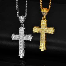 Hiphop Rhinestone Cross Necklace for Men Boys,Punk Rap Street Cool Cross Metal Pendant with Stainless Steel Cuban Chain Gift