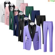 Herren Schwarzes 2-Teiliges Set, Hochzeits-Farbblock-Kragen Anzug Jacke Hose, Männlicher Business-Hochzeits-Blazer Mantel Hose, Asiatische Größe