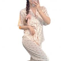 Lisacmvpnel Ice Silk Lace Sweet Summer New Women Pajama Set Flower Print Fashion Pyjamas