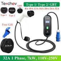 Teschev EV Caricatore portatile Type2 GB/T Connettore 32A 1 fase 7KW Type1 Stazione di ricarica Wallbox da 5 m per veicoli elettrici