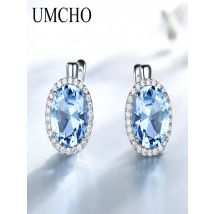 UMCHO Classic Oval Created Sky Blue Topaz Clip Earrings Solid 925 Sterling Silver Earrings For Women Wedding Gift Fine Jewelry