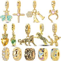 Oryginalne zawieszki DIY ze srebra próby 925, seria złota, koraliki z cyrkoniami, słońce, leopard, pasują do bransoletki, tworzenie biżuterii DIY