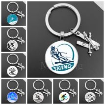 Fashion skiing sports keychain ski logo glass dome keychain skiing club gift wholesale I love skiing