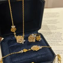 French Retro Gold Color Double Rose Flowers Design Inlaid with Full Zircon Necklaces Bracelets Rings Jewelry Sets For Women