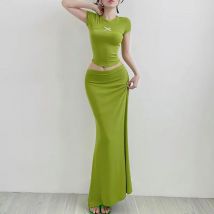 Neuer Damen-T-Shirt-Rock, 2-teilig, Sommermode, Schleife, O-Ausschnitt, Tank, sexy Dame, Maxirock, lässig, schlank, solide, elegante Kleidung, 2-teilig