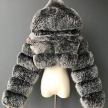 Women's Faux Fur Jacket Short with Hat, Faux Fox Fur Long Sleeved Patchwork Autumn and Winter New Style