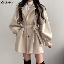Frauen Solide Wolle Mischung Mantel Slim Fit Gürtel Mäntel Weibliche Warme Baumwolle Dicker V-ausschnitt Büro Dame Elegante Trendy Taste Outwear ins