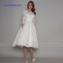 Maßgeschneidertes elegantes kurzes Hochzeitskleid aus Spitze für die Braut, O-Ausschnitt, Tee-Länge, A-Linie, Party, Abschlussball, Brautkleid mit Schleife, Vestidos de Novia