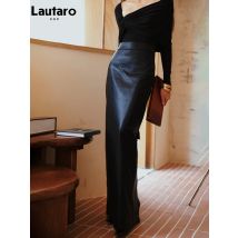 Lautaro Frühling Herbst schwarz weiches pu Leder boden langer gerader Rock Frauen mit Rückens chlitz hohe Taille extra lange Kleidung