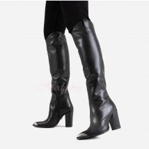 Metall spitze Zehen stiefel kniehohe klobige High Heels massives Leder Slip auf langen Stiefeln Frauen sexy Schuhe Winter Party Designer schwarz