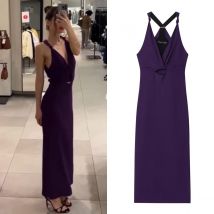 ETJ 2025 Herbst/Winter neues elegantes sexy Party lila langes Kleid sexy V-Fliege hohe Taille MIDI-Kleid