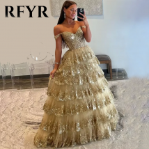 RFYR Puffy Gold Abito da sera con spalle scoperte Abiti da sera Sweetheart Abito da ballo a strati Appliques Abito da festa personalizzato
