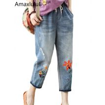 AmaxluluE Summer Fashion Ladies Elastic Elegant Jeans Womens Casual Floral Embroidery Denim Trousers Females Loose Harem Pants