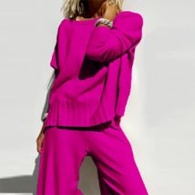 Mode Elastische Taille Gestrickte Lose Anzüge Sexy V-ausschnitt Langarm Top & Lange Hose Set Frauen Casual Langarm Solide 2pc Outfits