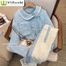 Woolen Knitted Long Sleeved Top with Spliced Wide Leg Pants Two-piece Set Fashionable Women's Pants Set Casual Sports Set