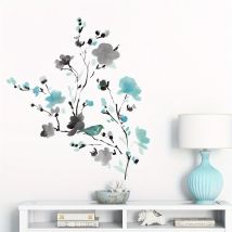 Wandaufkleber mit Aquarell-Tuschemalerei, blaue Blume, Vogelzweig, abnehmbar, für Schlafzimmer, Wohnzimmer, Tür, Dekoration, Wandaufkleber