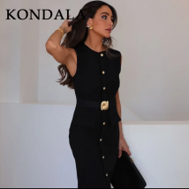 KONDALA 2026 Frühling Sommer Streetwear Damenkleider Mode Lässig Elegant mit Gürtel Ärmellos Knopfleiste Einfarbig Reißverschluss Damenkleider