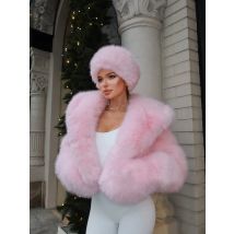 2026 Luxuriöser rosa verkürzter Kunstpelzmantel, Damen-Winterjacke mit übergroßer fester Kapuze und Plüschbesatz, elegante winddichte Oberbekleidung