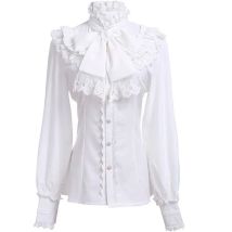 ouji Women's Victorian Gothic Blouse Ruffled High Collar Long Sleeve Renaissance Style Top Lolita Cosplay Costume Party Wear