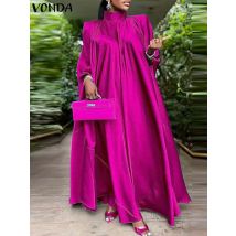 Plus Größe Frauen Kleid 5XL VONDA 2023 Stehkragen Elegante Satin Kleid Lange Fledermaus Ärmel Abend Plissee Maxi Sommerkleid Casual Robe