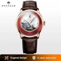 Poniger Automatische mechanische Herrenuhr – luxuriöse, wasserdichte Lederarmband-Armbanduhr für Herren