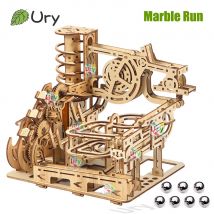 Ury-rompecabezas de madera 3D para niños, dispositivo de pista de catapulta eléctrica, juego de carrera de mármol, modelo mecánico, laberinto científico, 7 bolas, regalo de montaje