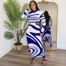 Gestreiftes, bedrucktes, langärmliges, figurbetontes Kleid für Damen, Kleidung, elastisch, aushöhlen, Mantel, Party, Club, Maxikleid, Vestidos Longos