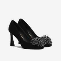 High-End-Strass schwarze High Heels Damen Pumps flacher Mund Blumen Temperament quadratischer Kopf Licht Bankett Frauen einzelne Schuhe