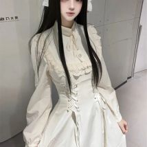Französisch Elegante Spitze Langarm Kleid Frauen Hight Taille Patchwork Kleider Lolita Mode Kawaii Neue Spitze Up Vestidos Weibliche