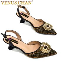 Damenschuhe im afrikanischen Stil, gemischt mit schwarzen Gold-High-Heels, spitz bei der Dinner-Party, nigerianische Damenschuhe