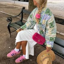 Vintage Blumendruck Baumwollmantel für Frauen Casual Revers Langarm Taschenmantel Weibliche Mode Streetwear Strickjacke Jacke