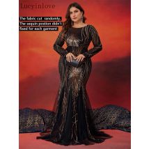 Lucyinlove Plus Size Elegant Long Sleeves Sequins Evening Dresses Luxury Women Mermaid Formal Party Maxi Cocktail Gowns