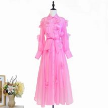 Solide Gespleißt 3D Blume Elegante Prom Party Kleider für Frauen Stehen Neck Long Sleeves Patchwork Einreiher Kleid Weibliche Neue