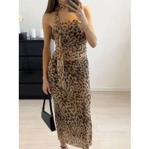 Zweiteiliges Set für Damen, Tüll, Leopardenmuster, Oberteil, Schulter, gerader Ausschnitt und geradem Rock mit Leopardenmuster, Sommer, lässig, Mädchen