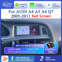 Radio samochodowe Android 14 z CarPlay, ekran 8.8/10.25/12.3 cala, do Audi A4 A5 A6 Q7 MMI 2G Basic, czerwony ekran, nawigacja GPS, DSP Stereo
