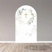 Mehofond Gott segne gewölbte Hintergrund Baby Taufe Gold Kreuz Aquarell bemalt Blumen Geburtstag Party grüne Blätter Dekorationen