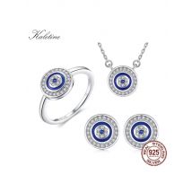 KALETINE Turkey CZ Evil Eye 925 Sterling Silver Jewellery Sets for Women Blue Round Pendant Necklace Ring Stud Earrings Wedding
