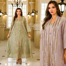Moda musulmana Jalabiya Abaya per le donne Elegante abito a maniche lunghe Dubai Turchia Abito con paillettes allentate Abiti da festa islamici marocchini
