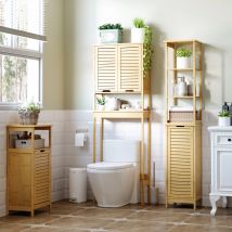 kleankin Estantería de Baño de Bambú con 3 Estantes 1 Puerta 34x30x173cm Natural