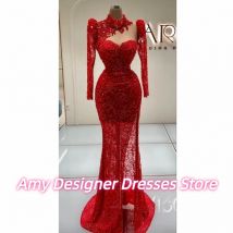 Charmantes rotes High Neck Long Sleeves Abendkleid Ballkleider Side Split Luxus Hochzeit Party Kleider Vestido De Festa Maßgeschneidert