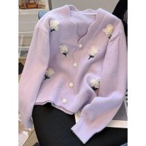 Frühling Herbst Blume Nagel Perle Gestrickte Pullover Strickjacke 2024, Weiche Spitze Rand V-ausschnitt Top Frauen Koreanischen Stil Lose Langarm mantel
