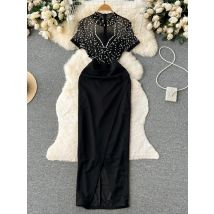 Vintage Schwarz Abend Party Kleid Frauen Elegante Kurzarm Nail Bead Bodycon Kleider Damen Mode Sommer Midi Kleid