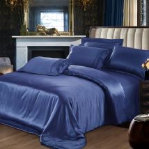 Bettlaken-Set, 22 mm, 100 % Maulbeerseide, nahtlos, dunkelblaue silberfarbene Farben, Spannbettlaken, Bettbezug, alle Größen, individuell anpassbar