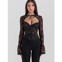 JULISSA MO Sexy See Through Lace Two Piece Sets Women Tops Long Sleeve Print Floral Tops Female Autumn Skinny Elegant Streetwear