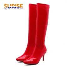 Winter Herbst Frauen Kniehohe Stiefel 8 cm Dünne Spike Heels Rot Patent Leder Sexy Party Club Spitz Zipper Reiten lange Stiefel