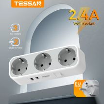 TESSAN EU Plug Wall Socket with Switch Overload Protection Multiple Socket Adapter 멀티탭 Mini Extender with 3 AC Outlets 2 USB