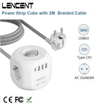 LENCENT Steckdosenleisten-Würfel mit 2 m geflochtenem Cabe, 4 AC-Steckdosen, 3 USB-Anschlüsse, 1 Typ C, Mehrfachsteckdose, Netzteil mit Schalter für Zuhause