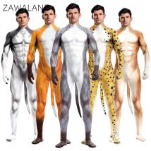 Zawaland Bauchmuskeln bedruckter Petsuit für Männer, Welpe, Fuchs, Wolf, Leoparden-Party-Body mit Schwanz, Schritt, Reißverschluss, Zentai, männlicher Festival-Overall